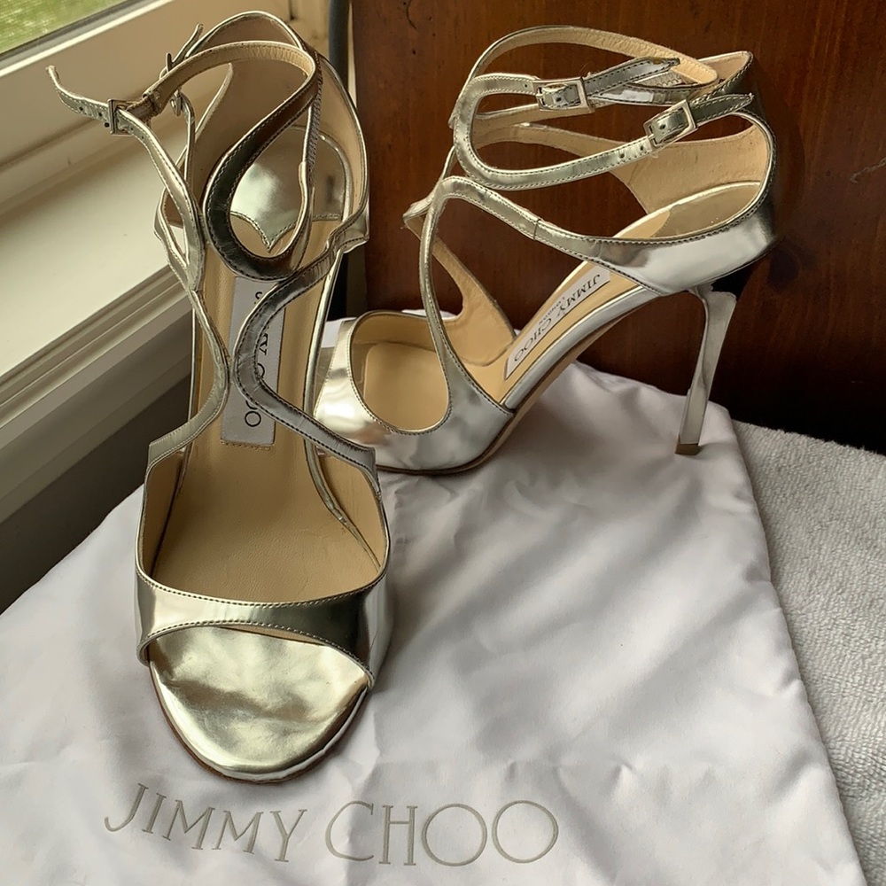 Jimmy Choo 37 1/2 dress sandals. Metallic gold, great neutral for your wardrobe